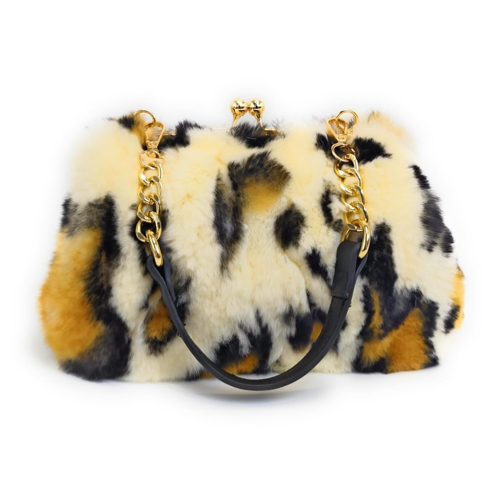 Luxurious Rex Rabbit Fur Evening Handbag - Mosaic Leopard Design